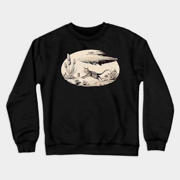 Cat running from UFO Sci-fi Cat lover gift Crewneck Sweatshirt by One Eyed Cat Design